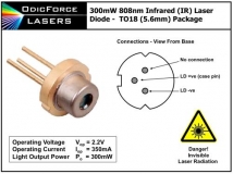Лазерный диод лабораторный инфракрасный RLD808300 808nm 300мВт TO18 (5.6 мм)
