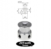 Шкив (ролик) 20-GT2-6 BF алюминиевый для GT2-ленты шириной 6мм, 20 зубьев, на вал 5мм, 20T W6 B5