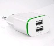 Адаптер питания AC 100-240В - DC 5В 1.0 + 2.1 А два порта USB с зеленой подсветкой (для зарядки планшетов и смартфонов)