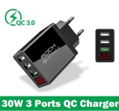 Адаптер питания - зарядное устройство AC 100-240В - 3 порта USB, 2 USB 5В 2А и порт USB QC3.0 5В 3А - 9В 2А - 12В 1.6А, с вольтметром и амперметром (для зарядки планшетов и смартфонов)