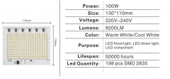 Светодиодная сборка 100W белый теплый цвет (6000-6500K, 9200 lm, 220-240В AC)