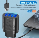 Адаптер питания - зарядное устройство AC 100-240В - 4 порта USB, 3 USB 5В 2А и порт USB QC3.0 5В 3А - 9В 2А - 12В 1.5А USLION (для зарядки планшетов и смартфонов)